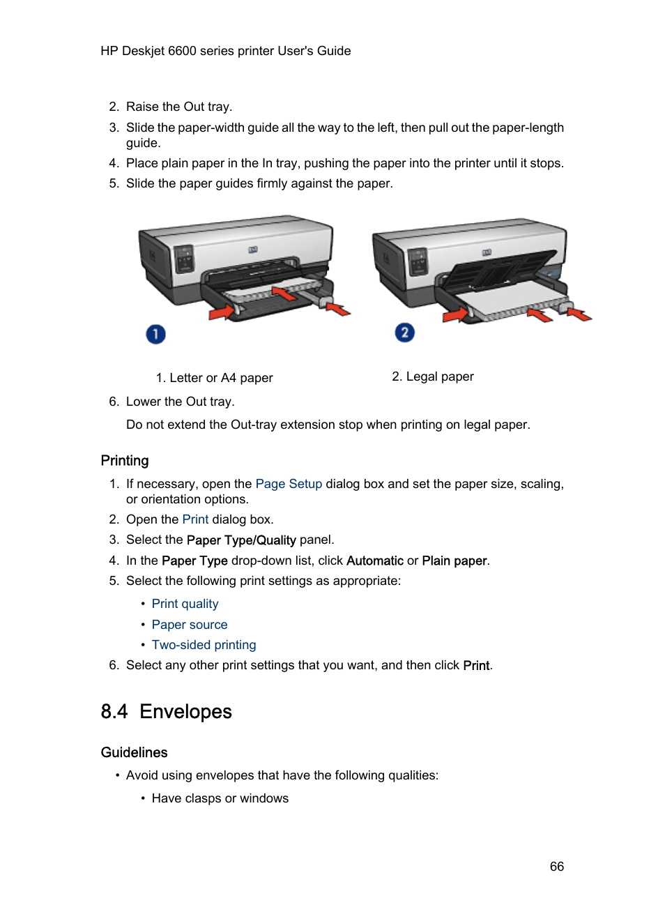 Printing, 4 envelopes, Guidelines | Envelopes, Envelope | HP Deskjet 6620 Color Inkjet Printer User Manual | Page 66 / 157