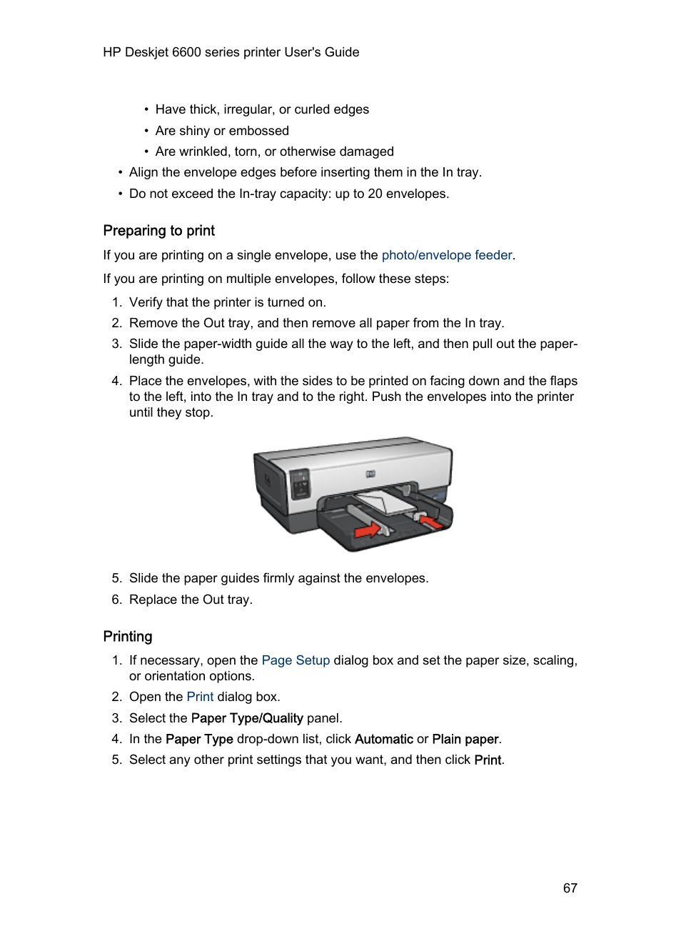 Preparing to print, Printing | HP Deskjet 6620 Color Inkjet Printer User Manual | Page 67 / 157