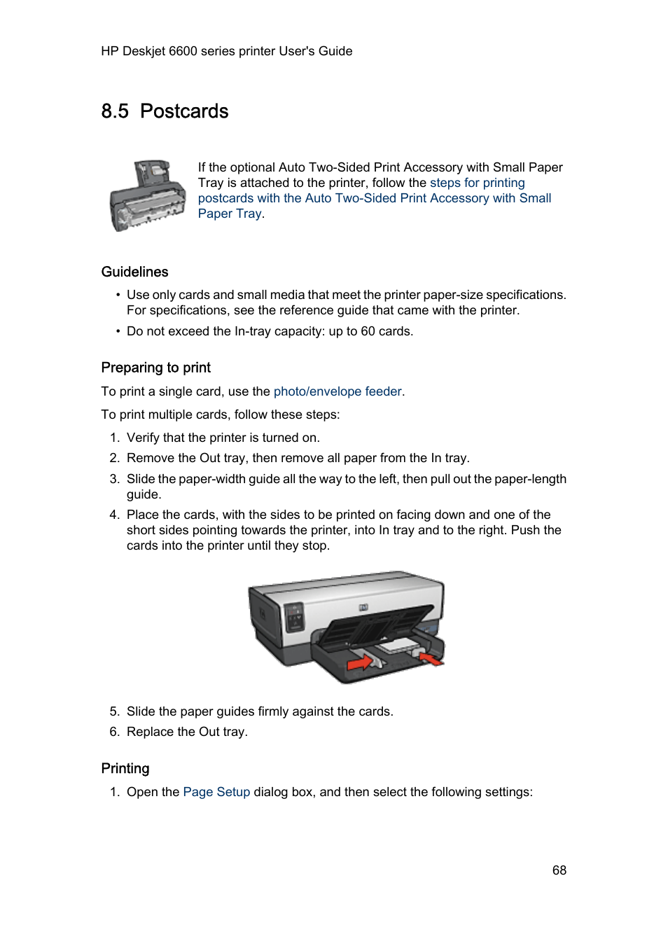 5 postcards, Guidelines, Preparing to print | Printing, Postcards | HP Deskjet 6620 Color Inkjet Printer User Manual | Page 68 / 157
