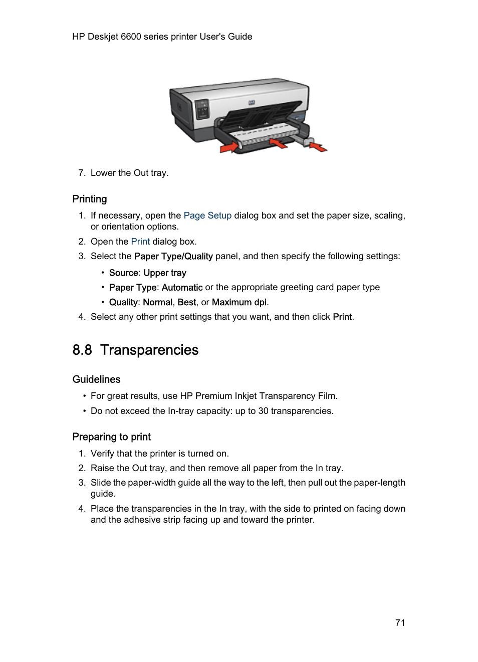 Printing, 8 transparencies, Guidelines | Preparing to print, Transparencies | HP Deskjet 6620 Color Inkjet Printer User Manual | Page 71 / 157