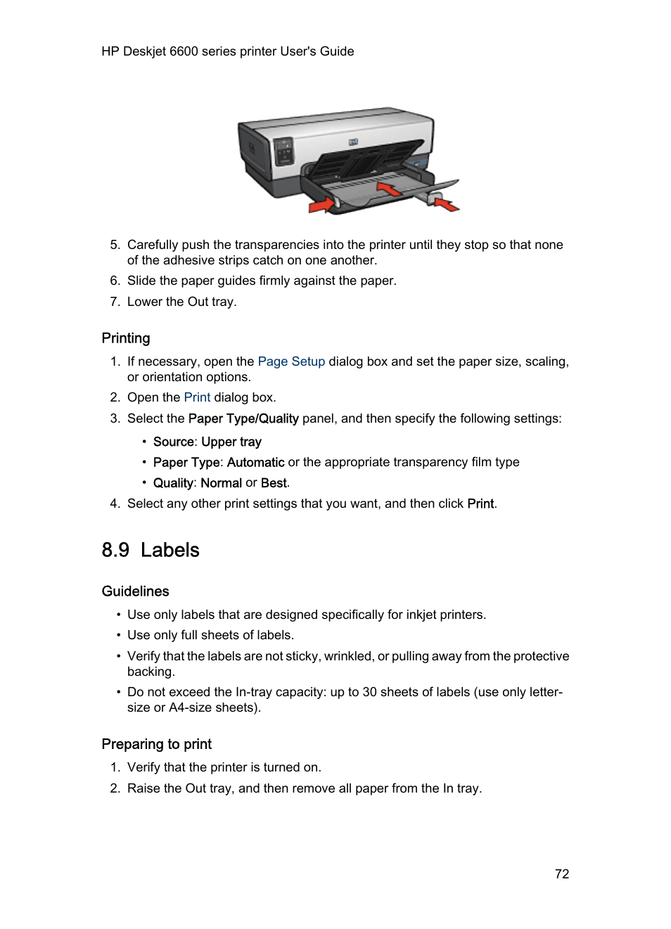 Printing, 9 labels, Guidelines | Preparing to print, Labels | HP Deskjet 6620 Color Inkjet Printer User Manual | Page 72 / 157