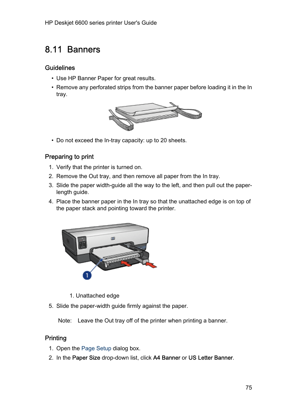 11 banners, Guidelines, Preparing to print | Printing, Banners | HP Deskjet 6620 Color Inkjet Printer User Manual | Page 75 / 157