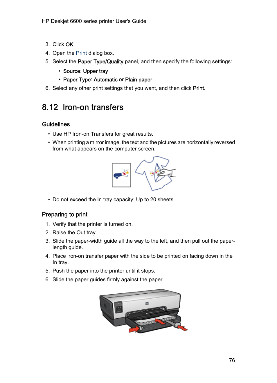 12 iron-on transfers, Guidelines, Preparing to print | Iron-on, Transfers | HP Deskjet 6620 Color Inkjet Printer User Manual | Page 76 / 157