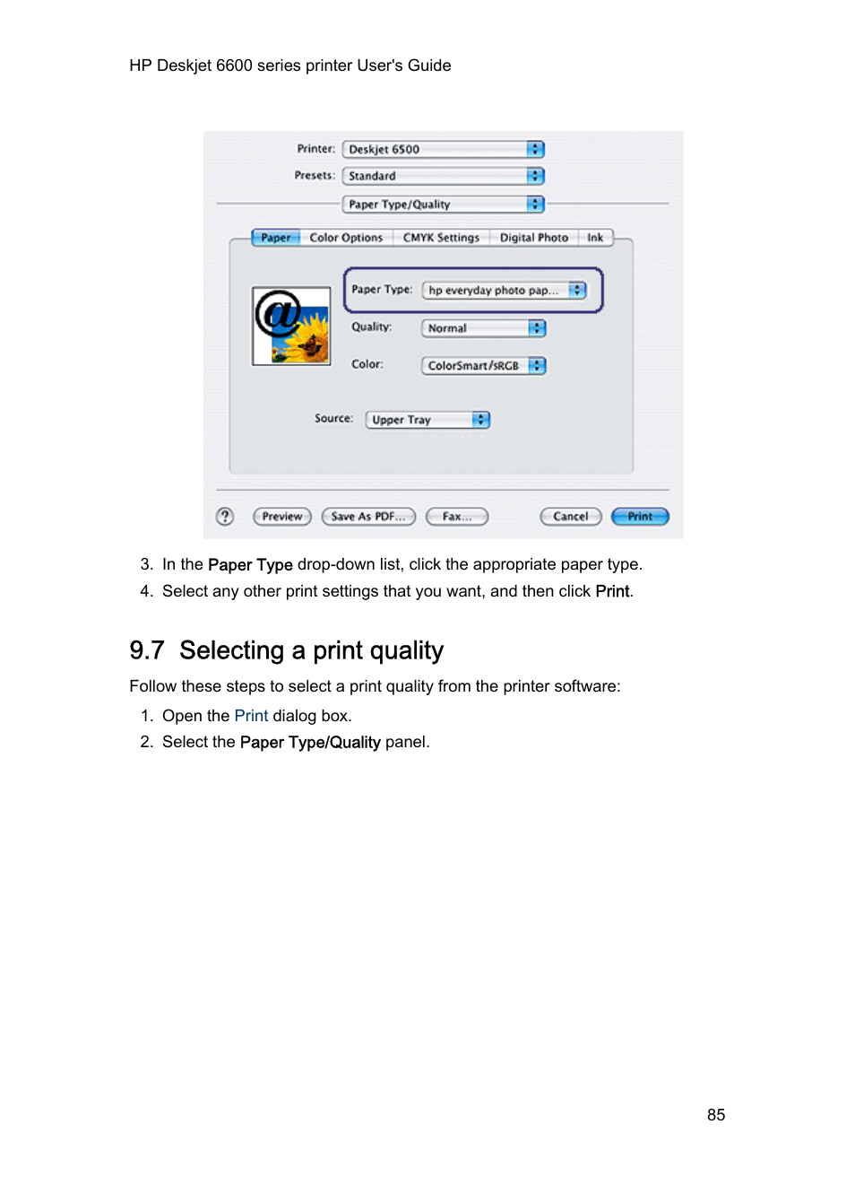 7 selecting a print quality, Print quality | HP Deskjet 6620 Color Inkjet Printer User Manual | Page 85 / 157