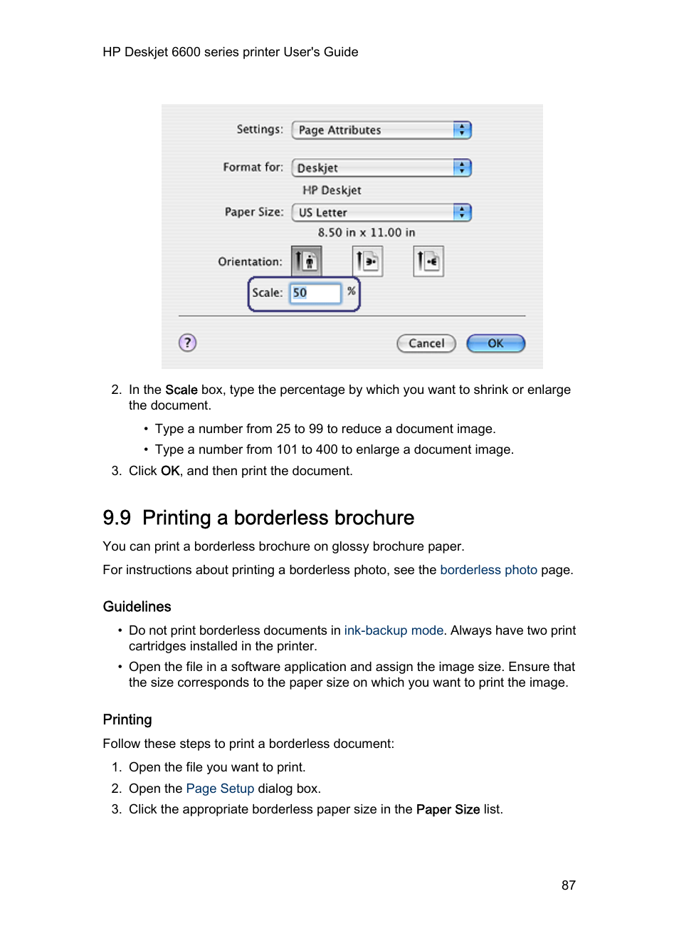 9 printing a borderless brochure, Guidelines, Printing | Learn to print, Borderless brochures, Print a, Borderless brochure | HP Deskjet 6620 Color Inkjet Printer User Manual | Page 87 / 157