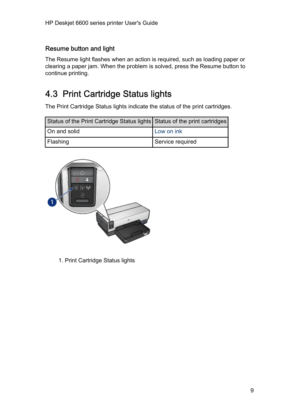 Resume button and light, 3 print cartridge status lights, Print cartridge status lights | HP Deskjet 6620 Color Inkjet Printer User Manual | Page 9 / 157