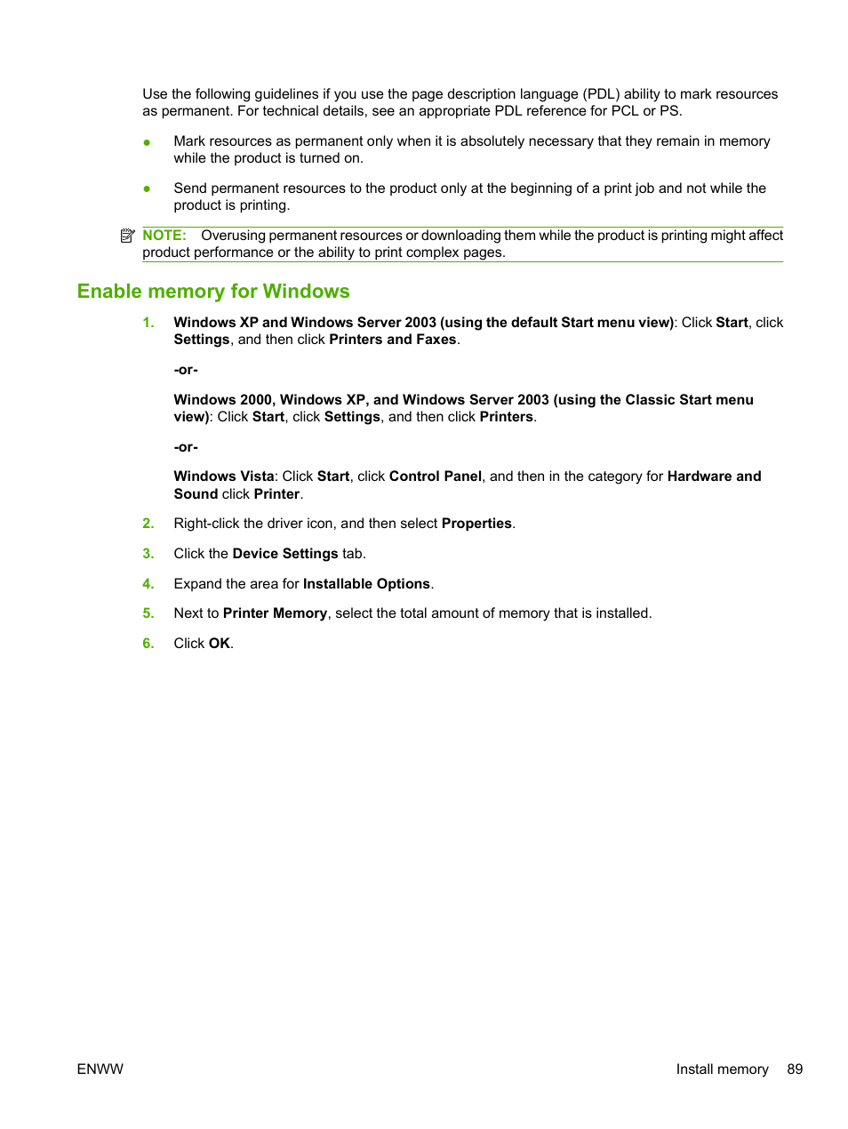 Enable memory for windows | HP LaserJet P2055dn User Manual | Page 101 / 176