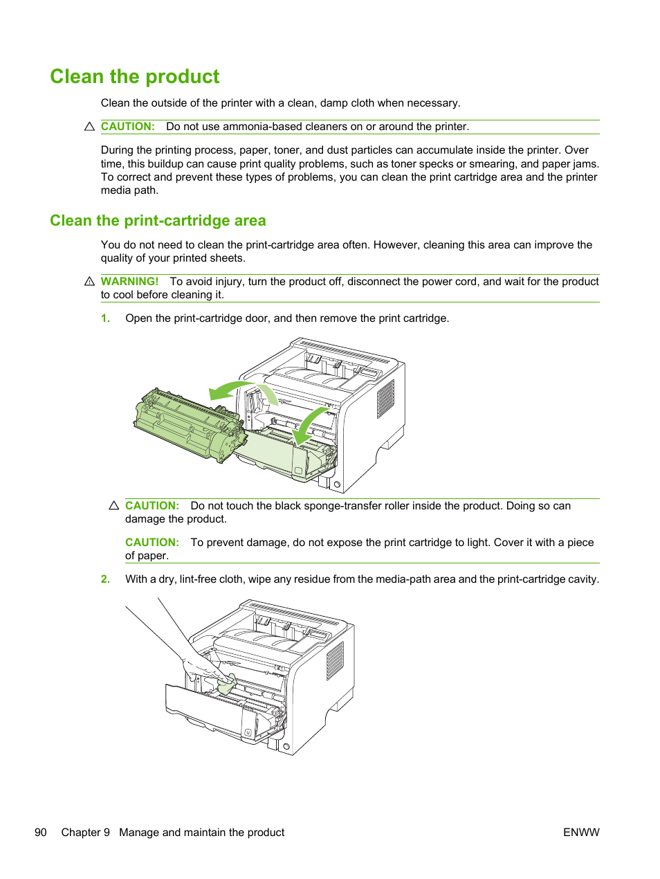 Clean the product, Clean the print-cartridge area | HP LaserJet P2055dn User Manual | Page 102 / 176