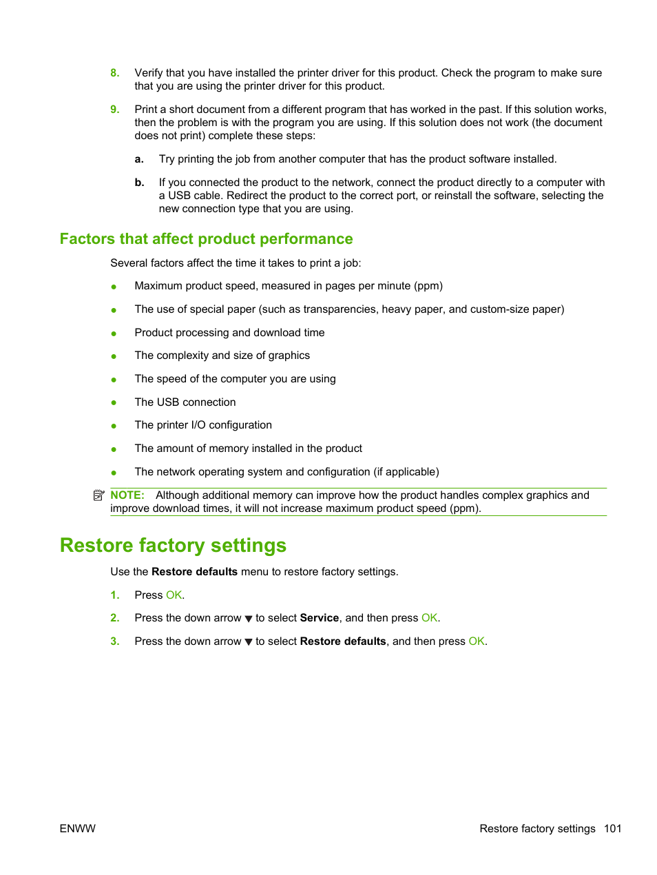 Factors that affect product performance, Restore factory settings | HP LaserJet P2055dn User Manual | Page 113 / 176