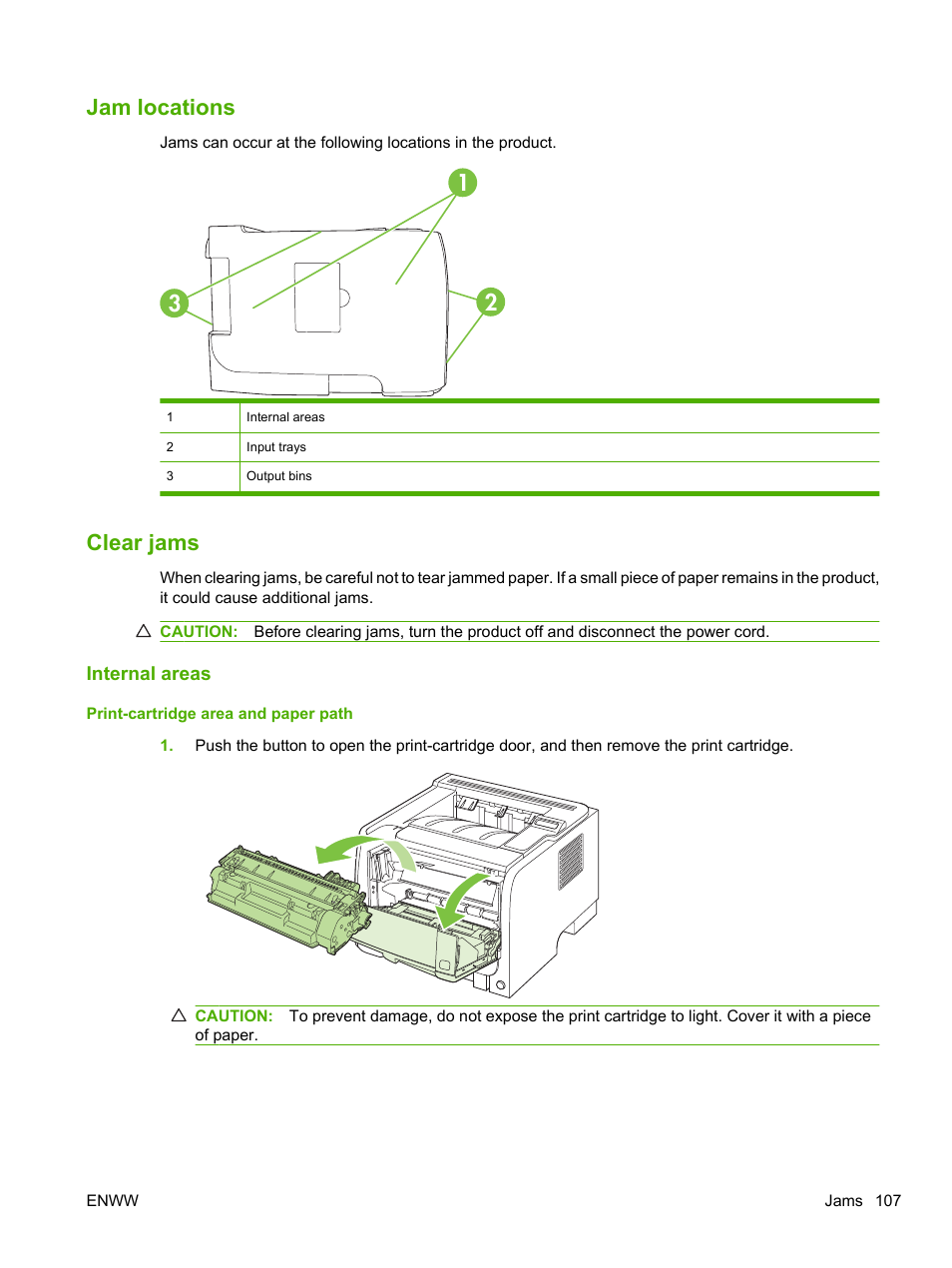 Jam locations, Clear jams, Internal areas | Print-cartridge area and paper path, Jam locations clear jams | HP LaserJet P2055dn User Manual | Page 119 / 176