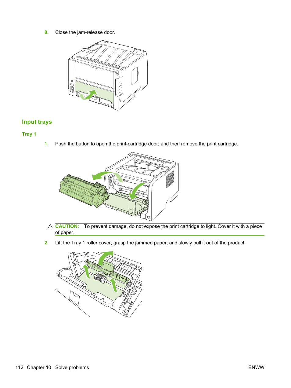 Input trays, Tray 1 | HP LaserJet P2055dn User Manual | Page 124 / 176