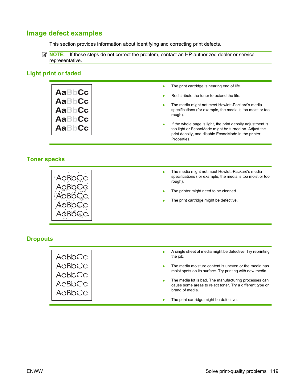 Image defect examples, Light print or faded, Toner specks | Dropouts, Light print or faded toner specks dropouts | HP LaserJet P2055dn User Manual | Page 131 / 176