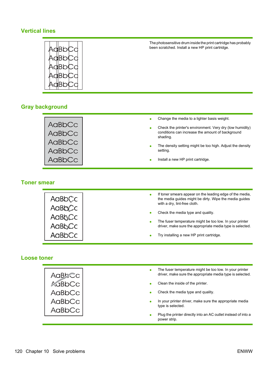 Vertical lines, Gray background, Toner smear | Loose toner | HP LaserJet P2055dn User Manual | Page 132 / 176