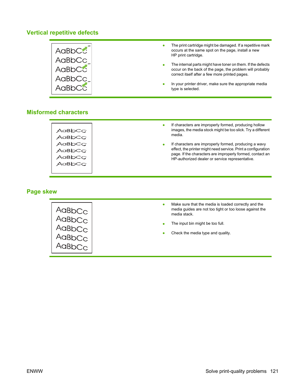 Vertical repetitive defects, Misformed characters, Page skew | HP LaserJet P2055dn User Manual | Page 133 / 176