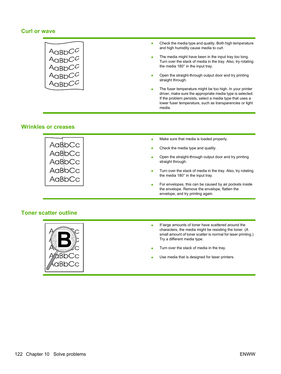 Curl or wave, Wrinkles or creases, Toner scatter outline | HP LaserJet P2055dn User Manual | Page 134 / 176