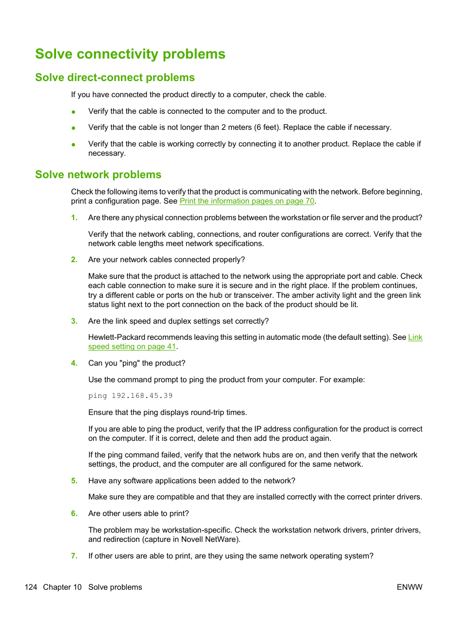 Solve connectivity problems, Solve direct-connect problems, Solve network problems | HP LaserJet P2055dn User Manual | Page 136 / 176