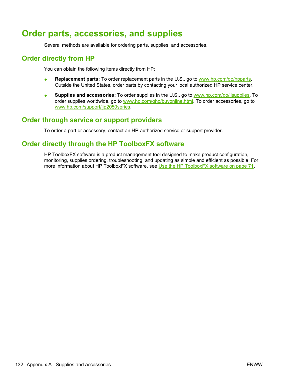 Order parts, accessories, and supplies, Order directly from hp, Order through service or support providers | Order directly through the hp toolboxfx software | HP LaserJet P2055dn User Manual | Page 144 / 176