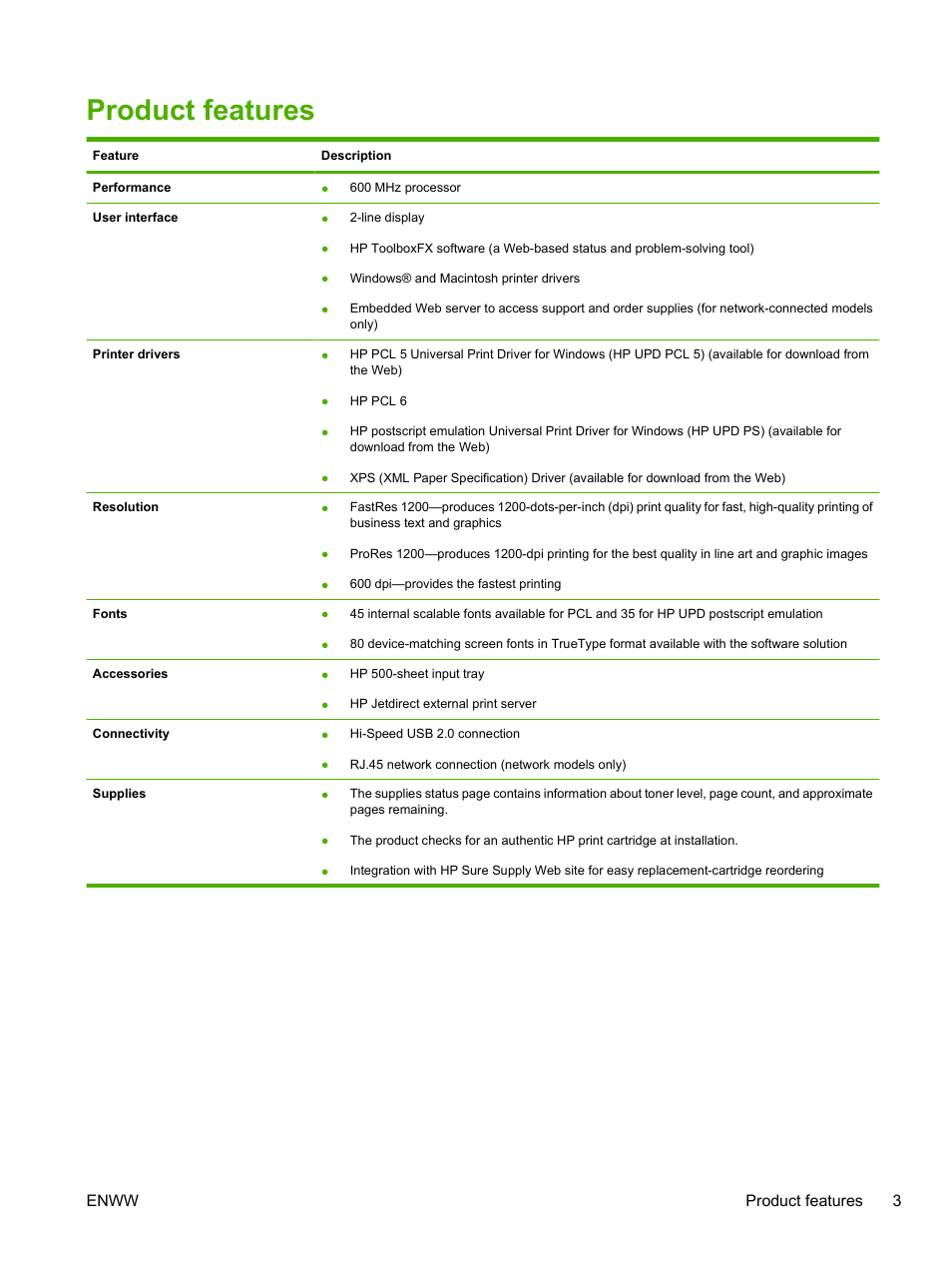 Product features, Enww product features 3 | HP LaserJet P2055dn User Manual | Page 15 / 176