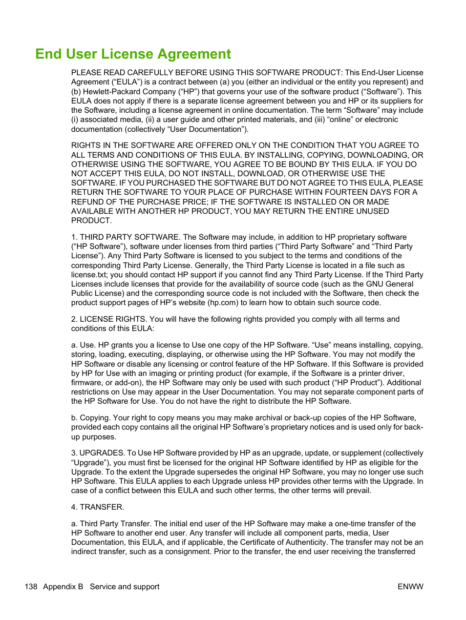 End user license agreement | HP LaserJet P2055dn User Manual | Page 150 / 176