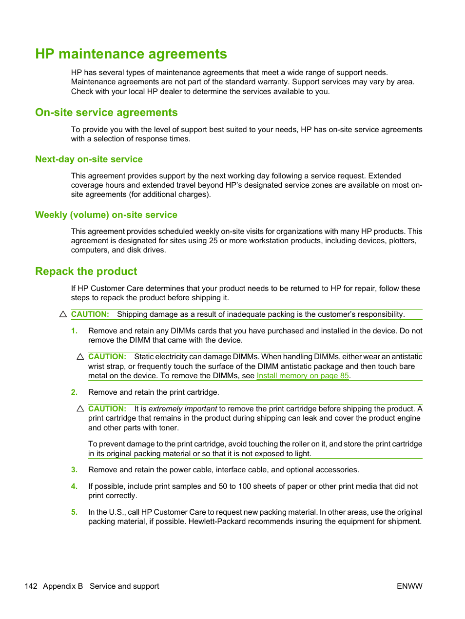 Hp maintenance agreements, On-site service agreements, Next-day on-site service | Weekly (volume) on-site service, Repack the product | HP LaserJet P2055dn User Manual | Page 154 / 176