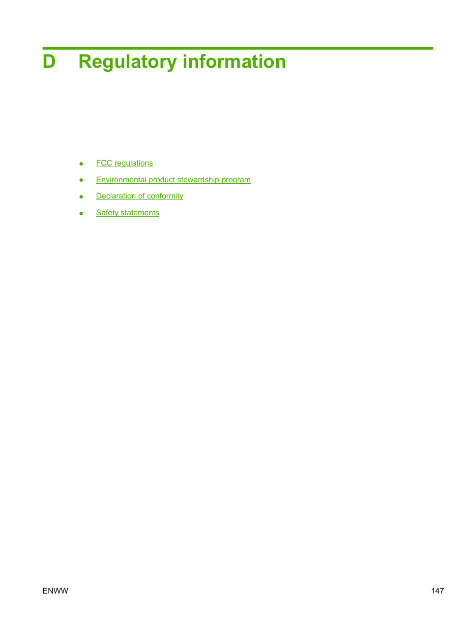 Regulatory information, Appendix d regulatory information, Dregulatory information | HP LaserJet P2055dn User Manual | Page 159 / 176