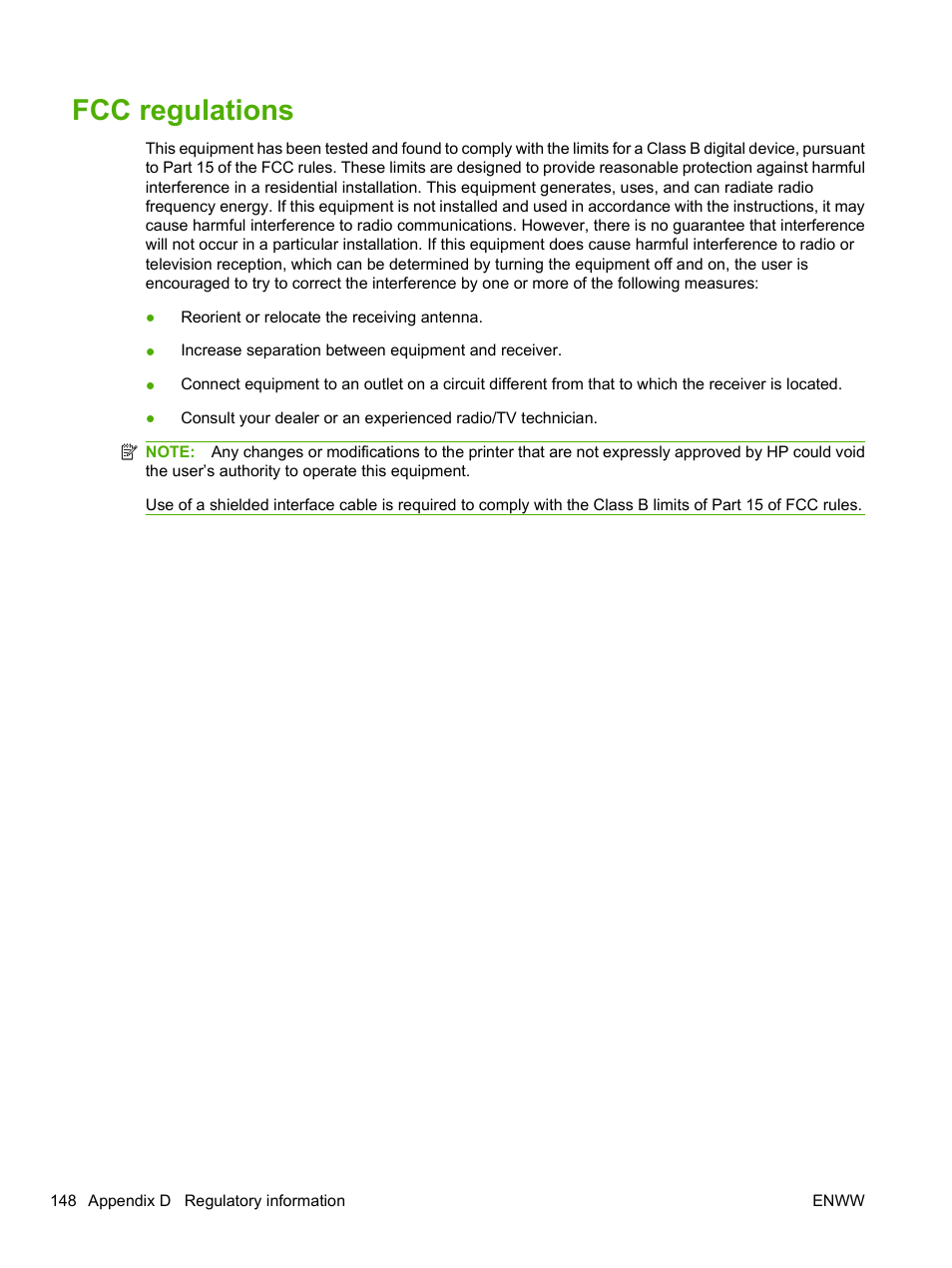 Fcc regulations | HP LaserJet P2055dn User Manual | Page 160 / 176