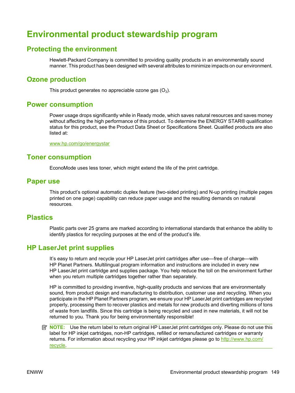 Environmental product stewardship program, Protecting the environment, Ozone production | Power consumption, Toner consumption, Paper use, Plastics, Hp laserjet print supplies | HP LaserJet P2055dn User Manual | Page 161 / 176
