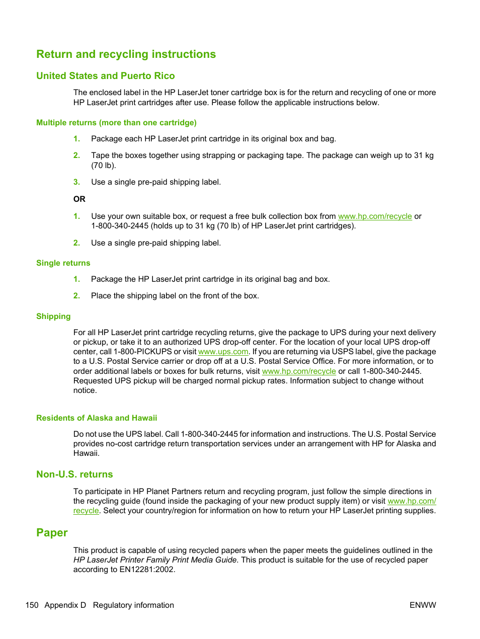 Return and recycling instructions, United states and puerto rico, Multiple returns (more than one cartridge) | Single returns, Shipping, Residents of alaska and hawaii, Non-u.s. returns, Paper | HP LaserJet P2055dn User Manual | Page 162 / 176