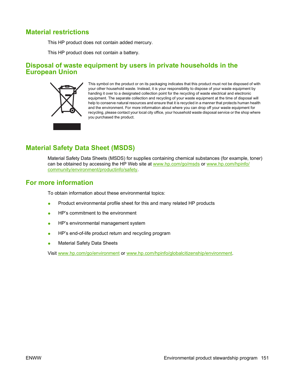 Material restrictions, Material safety data sheet (msds), For more information | HP LaserJet P2055dn User Manual | Page 163 / 176