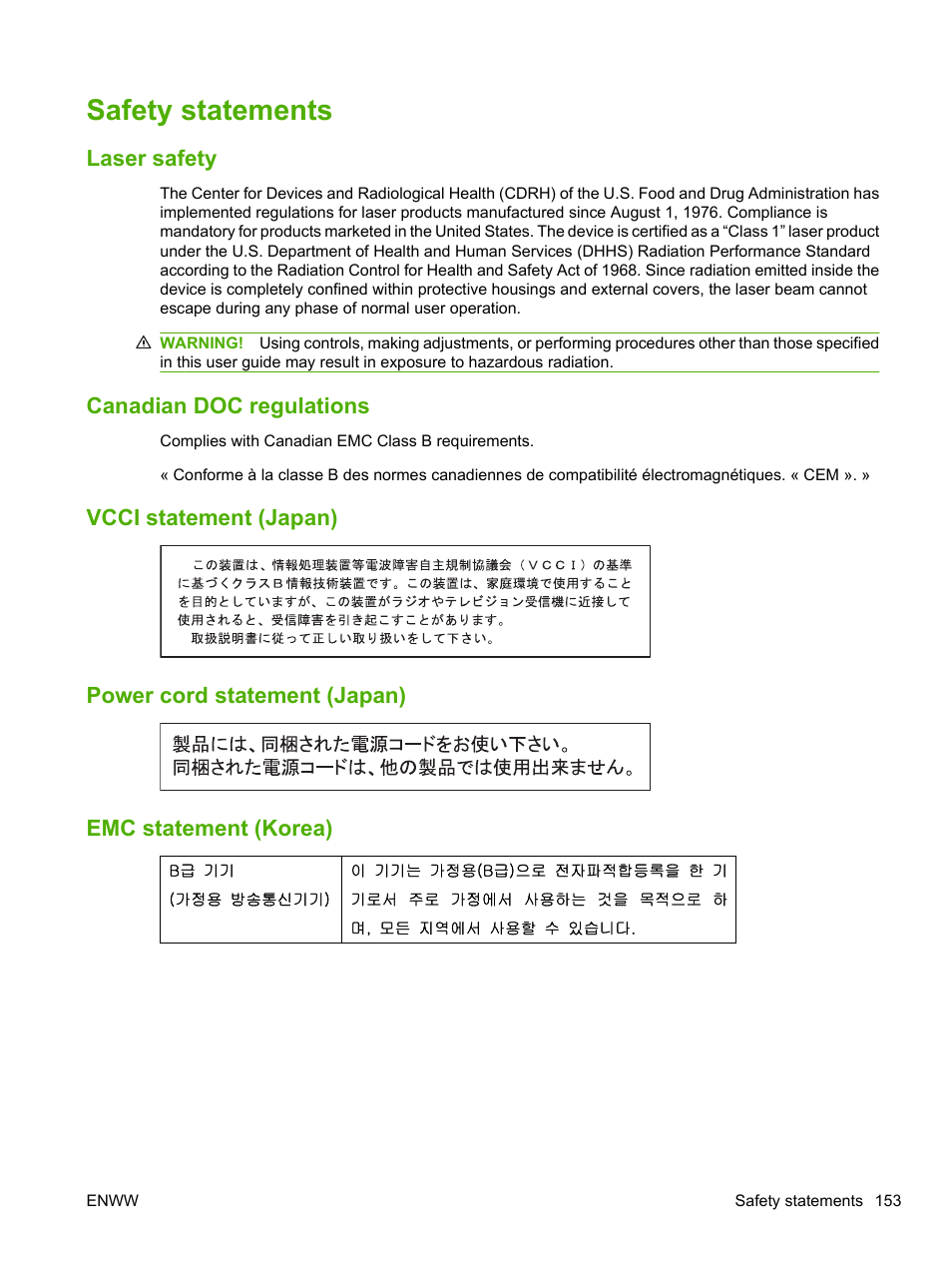 Safety statements, Laser safety, Canadian doc regulations | Vcci statement (japan), Power cord statement (japan), Emc statement (korea) | HP LaserJet P2055dn User Manual | Page 165 / 176