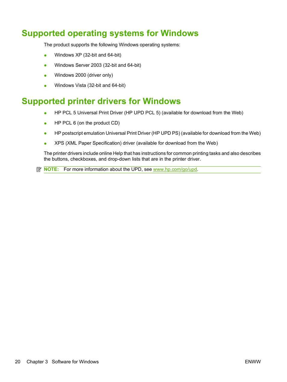 Supported operating systems for windows, Supported printer drivers for windows | HP LaserJet P2055dn User Manual | Page 32 / 176