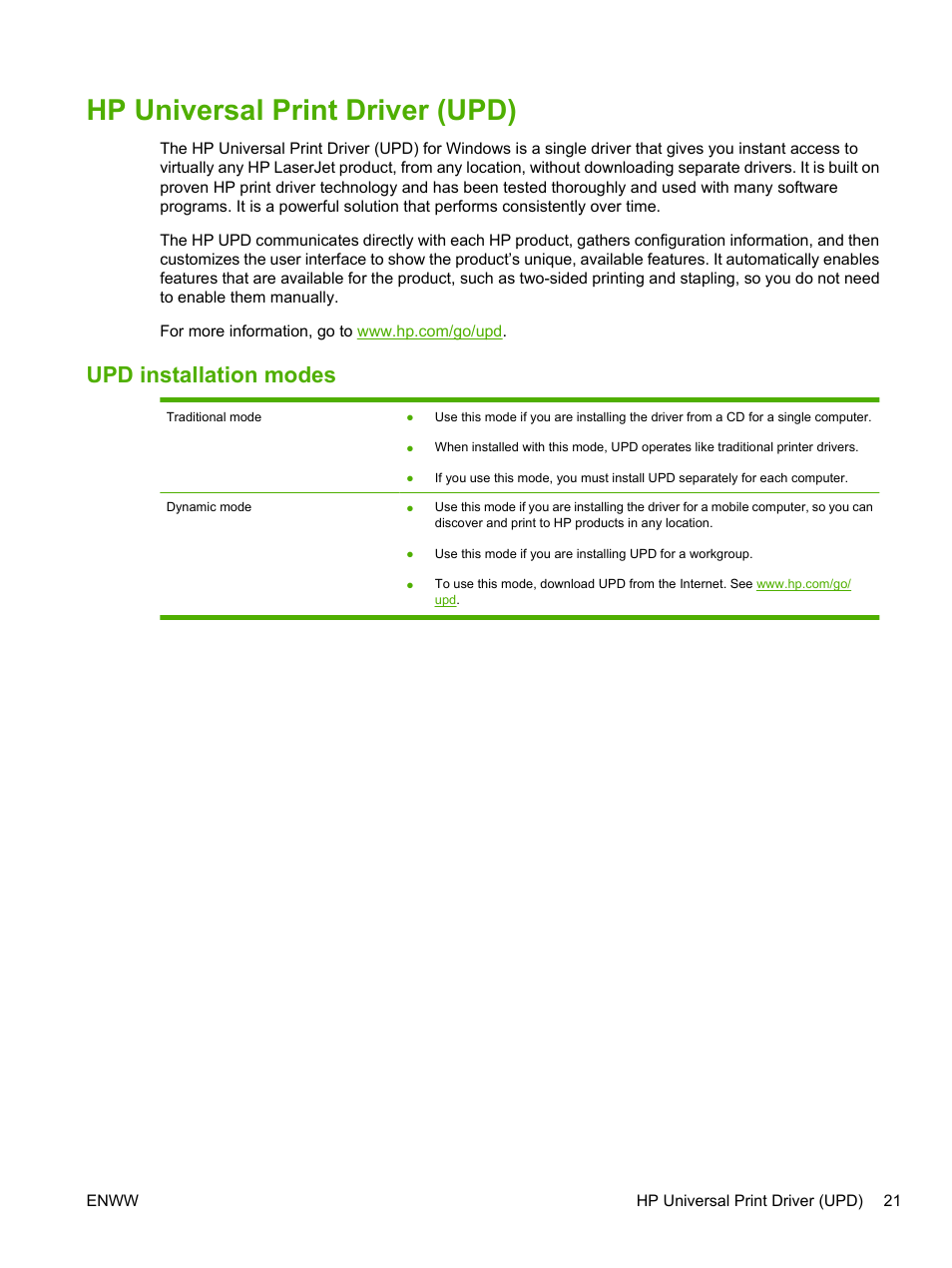 Hp universal print driver (upd), Upd installation modes | HP LaserJet P2055dn User Manual | Page 33 / 176