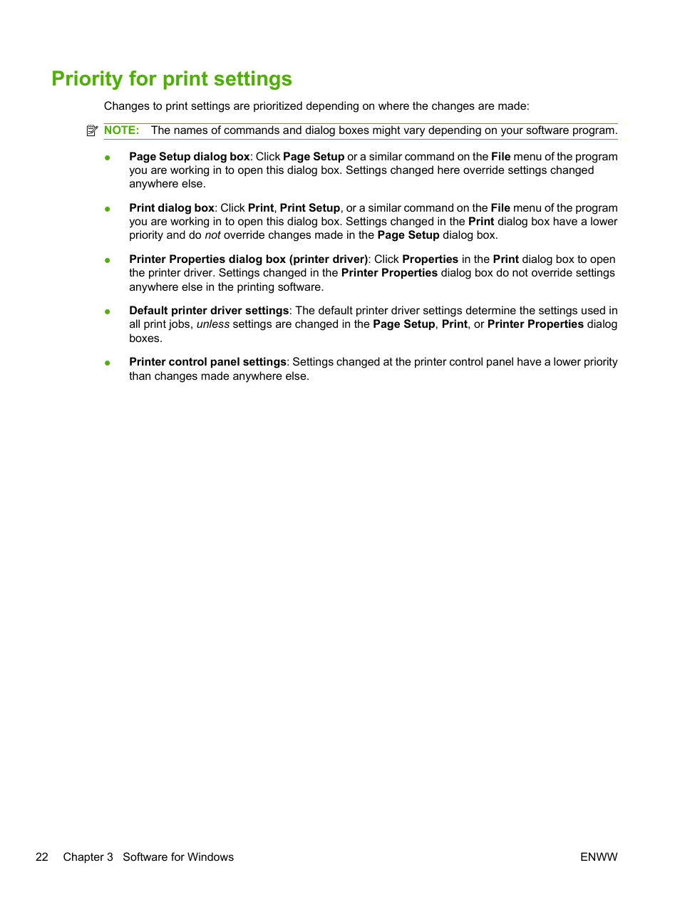 Priority for print settings | HP LaserJet P2055dn User Manual | Page 34 / 176