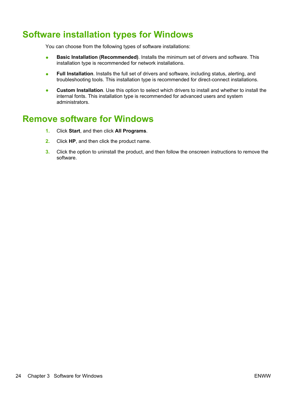 Software installation types for windows, Remove software for windows | HP LaserJet P2055dn User Manual | Page 36 / 176