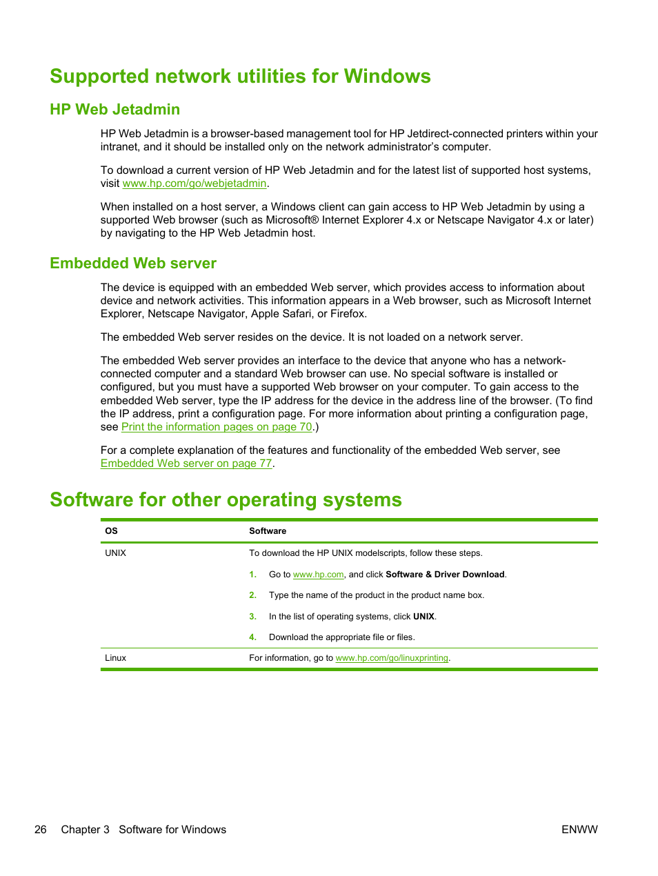 Supported network utilities for windows, Hp web jetadmin, Embedded web server | Software for other operating systems, Hp web jetadmin embedded web server | HP LaserJet P2055dn User Manual | Page 38 / 176