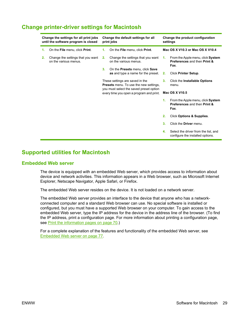 Change printer-driver settings for macintosh, Supported utilities for macintosh, Embedded web server | HP LaserJet P2055dn User Manual | Page 41 / 176