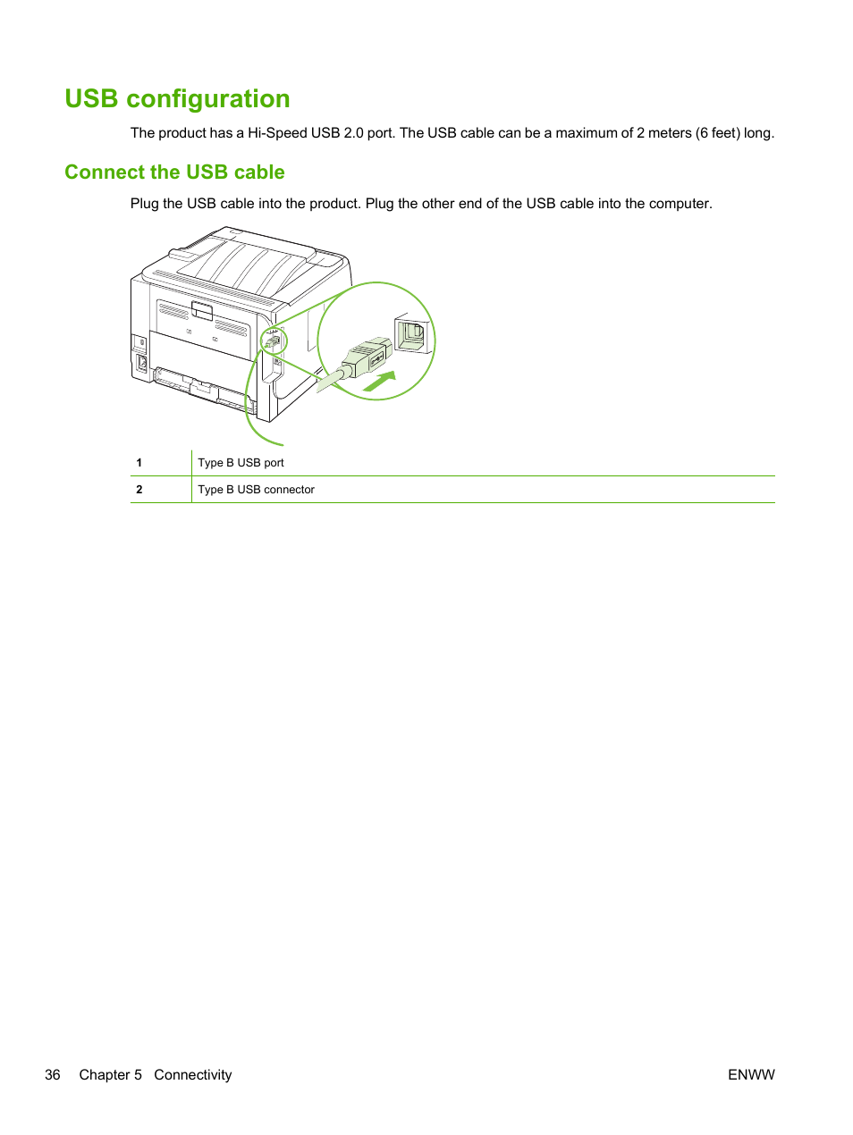 Usb configuration, Connect the usb cable | HP LaserJet P2055dn User Manual | Page 48 / 176
