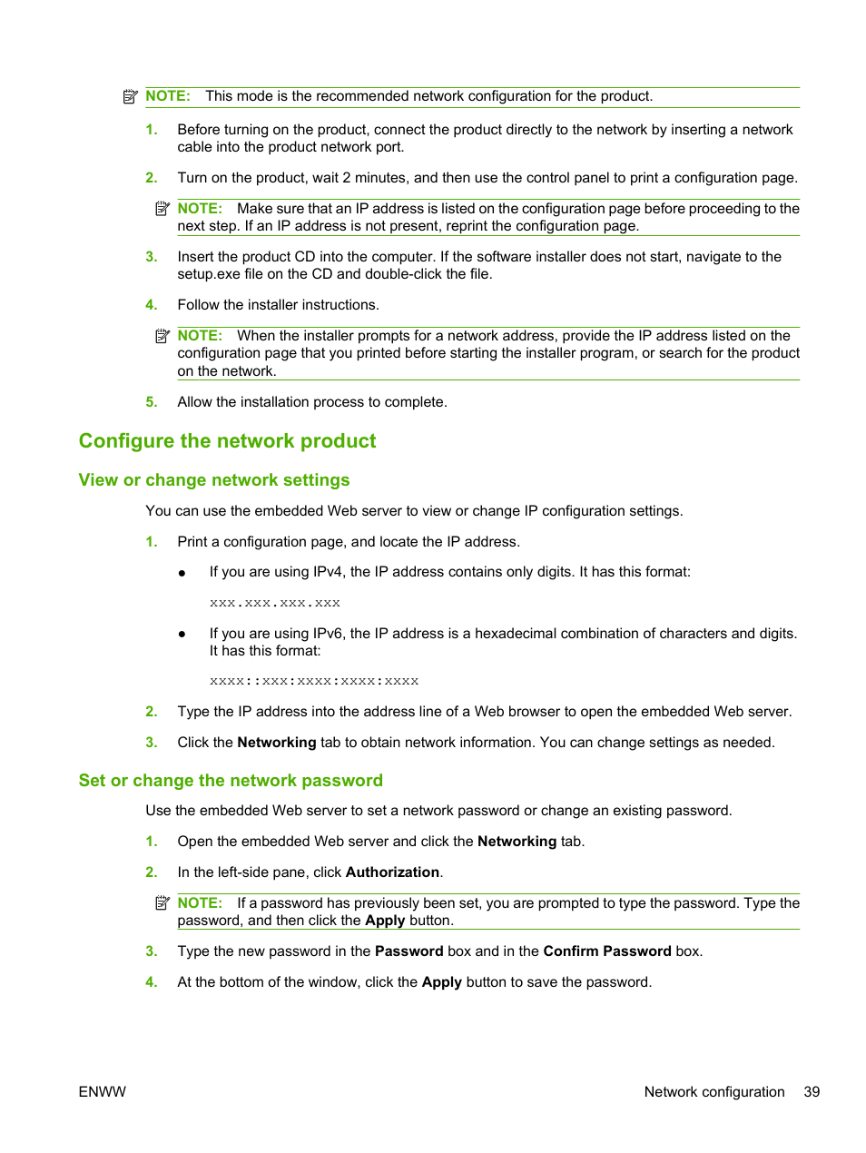 Configure the network product, View or change network settings, Set or change the network password | HP LaserJet P2055dn User Manual | Page 51 / 176