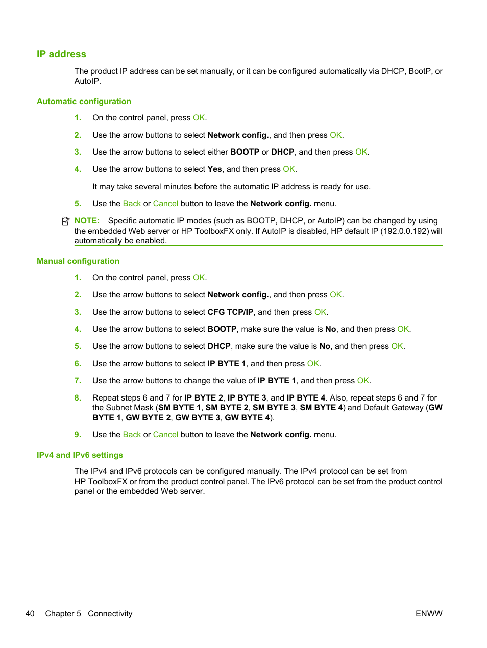 Ip address, Automatic configuration, Manual configuration | Ipv4 and ipv6 settings | HP LaserJet P2055dn User Manual | Page 52 / 176