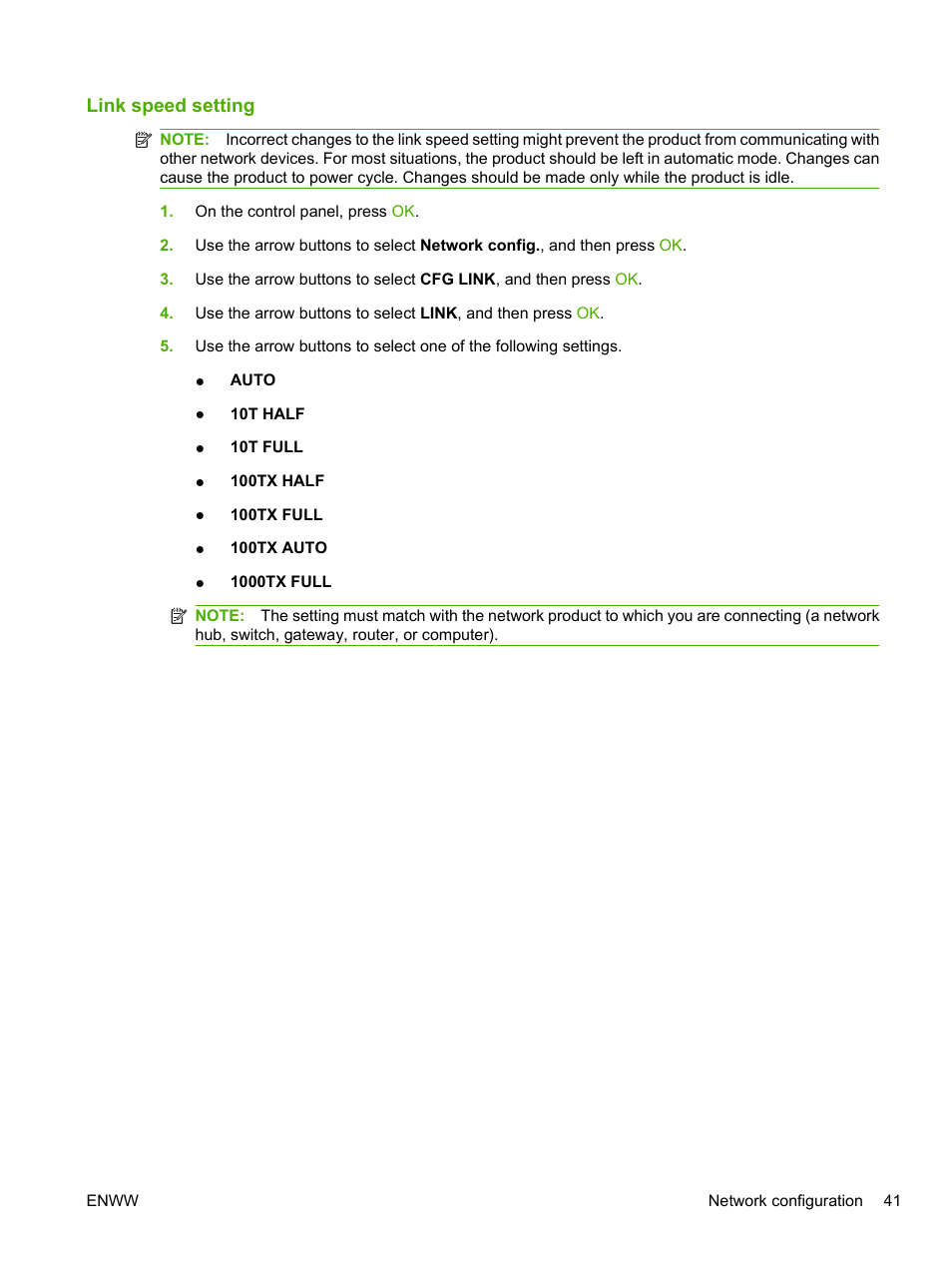 Link speed setting | HP LaserJet P2055dn User Manual | Page 53 / 176