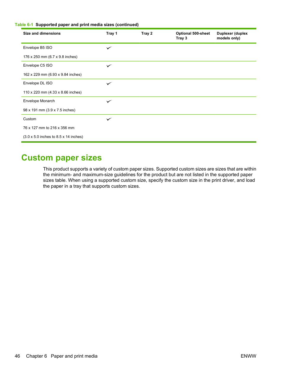 Custom paper sizes | HP LaserJet P2055dn User Manual | Page 58 / 176