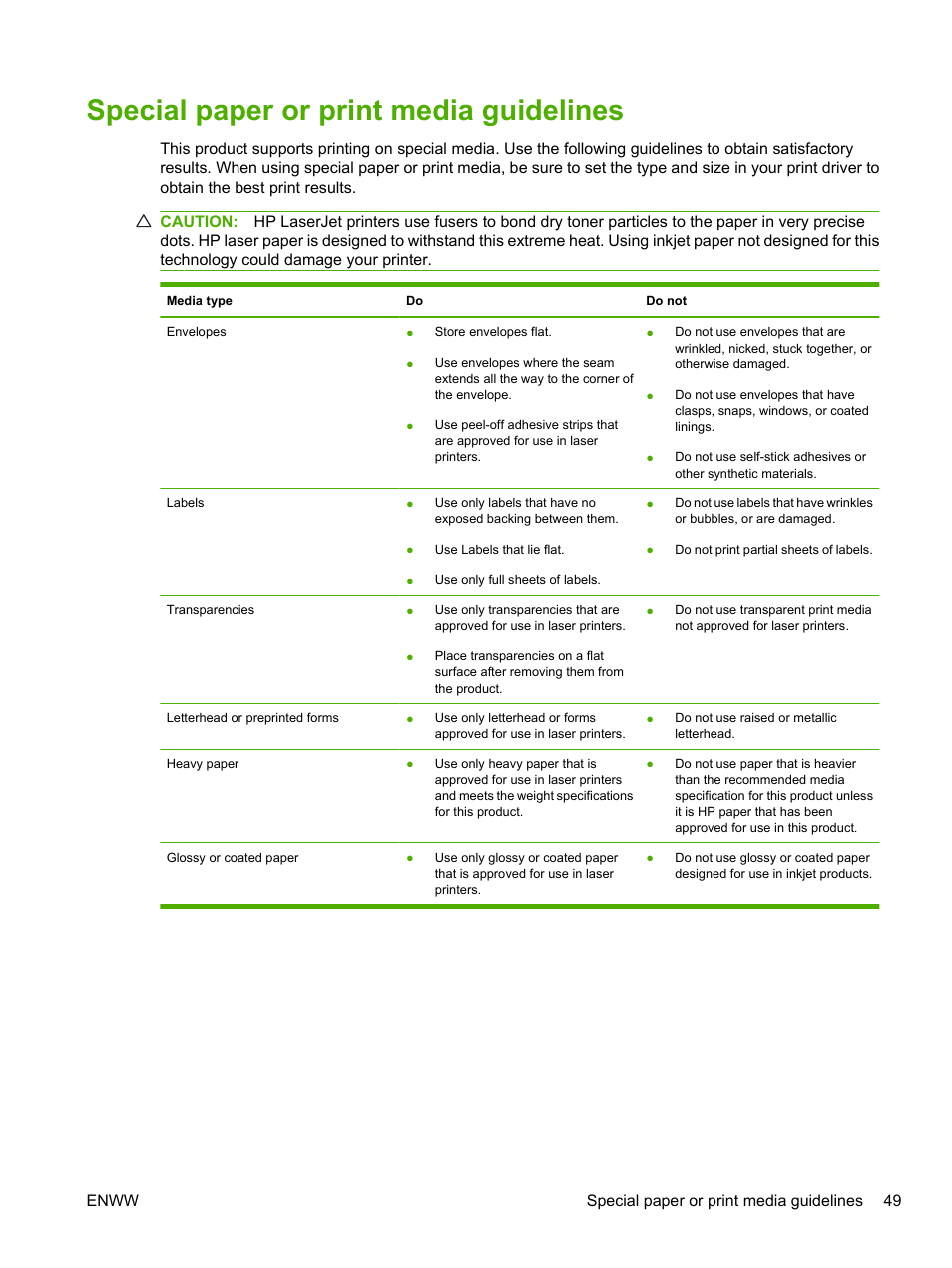 Special paper or print media guidelines | HP LaserJet P2055dn User Manual | Page 61 / 176