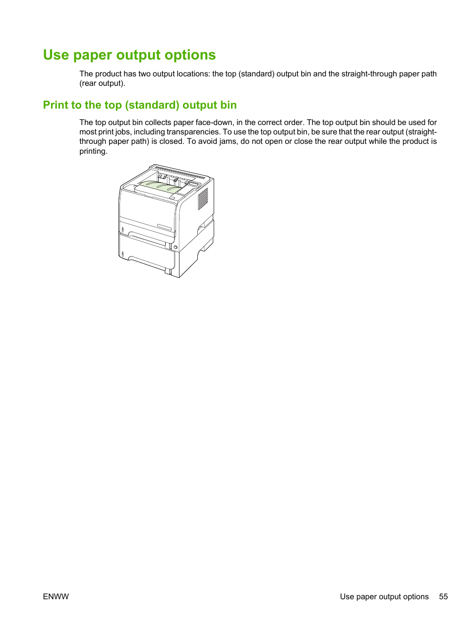Use paper output options, Print to the top (standard) output bin | HP LaserJet P2055dn User Manual | Page 67 / 176