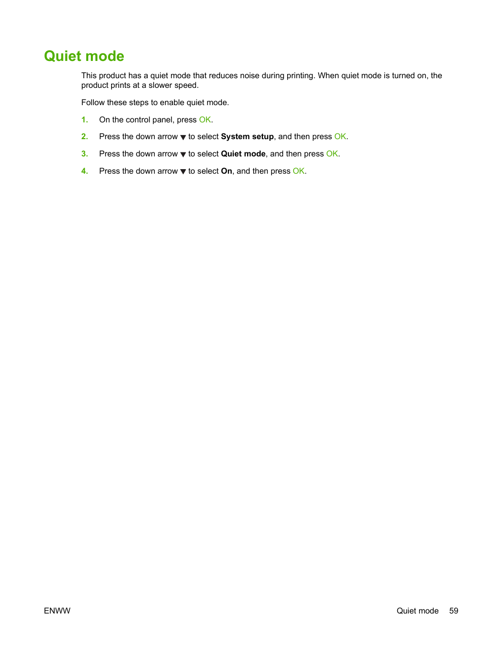 Quiet mode | HP LaserJet P2055dn User Manual | Page 71 / 176