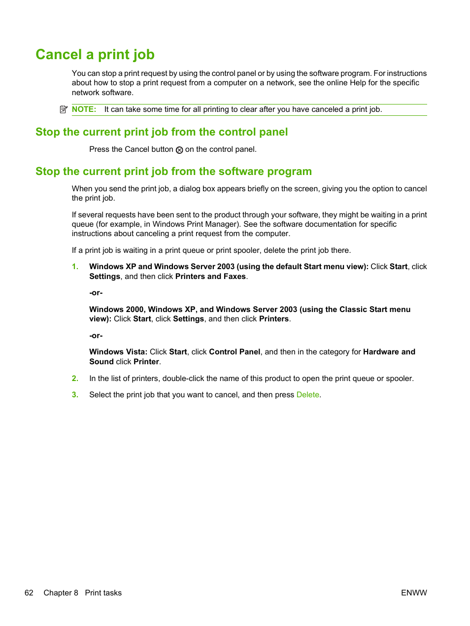 Cancel a print job, Stop the current print job from the control panel | HP LaserJet P2055dn User Manual | Page 74 / 176