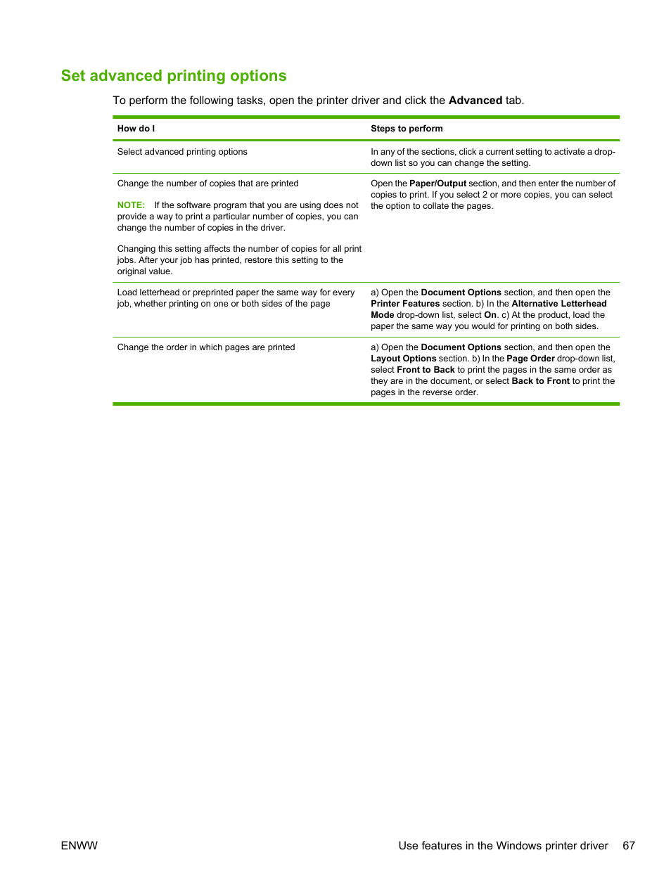 Set advanced printing options | HP LaserJet P2055dn User Manual | Page 79 / 176