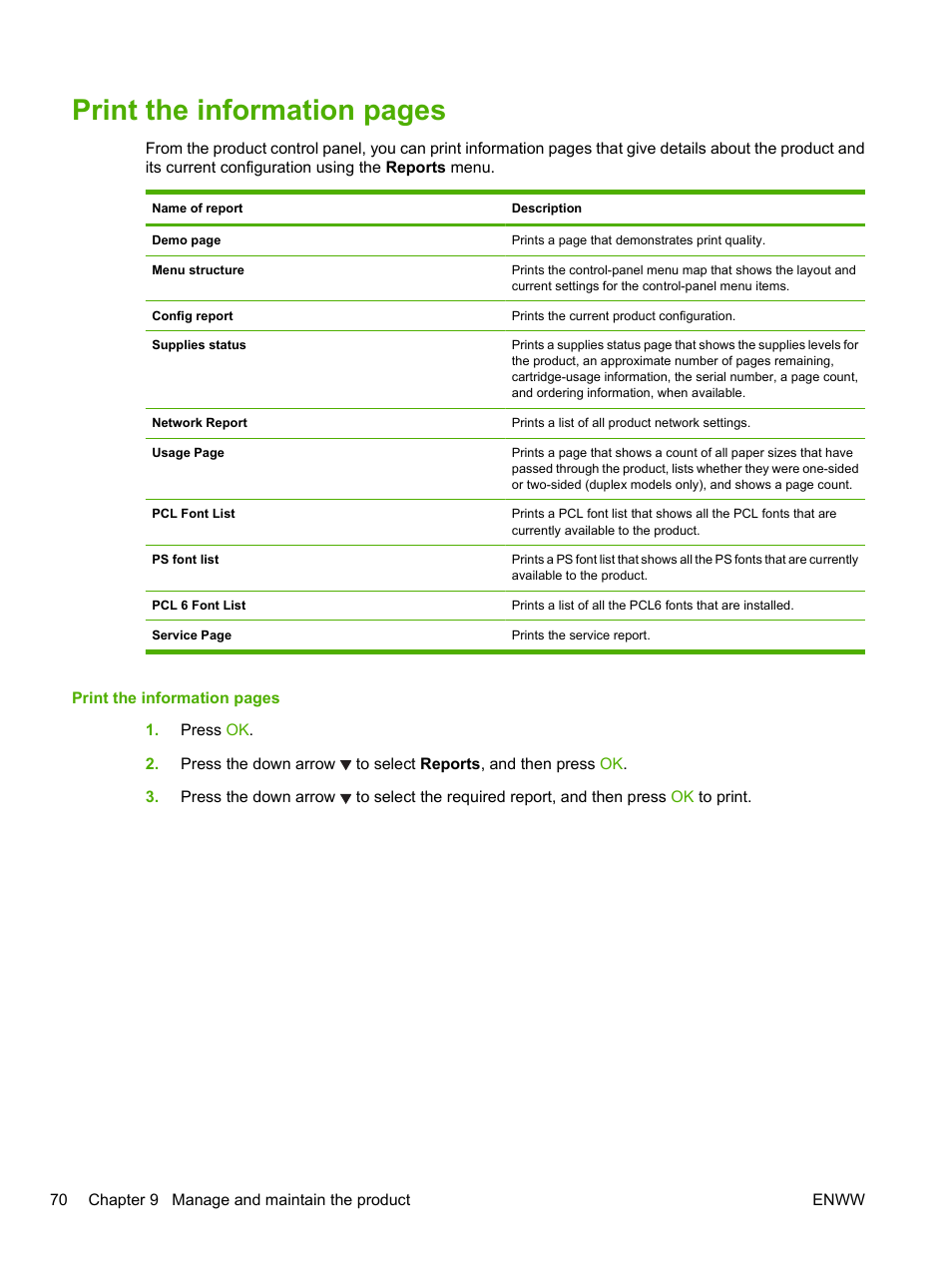 Print the information pages | HP LaserJet P2055dn User Manual | Page 82 / 176