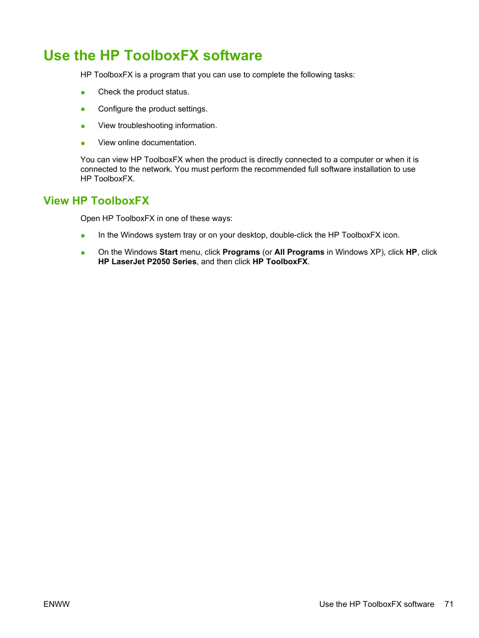 Use the hp toolboxfx software, View hp toolboxfx | HP LaserJet P2055dn User Manual | Page 83 / 176