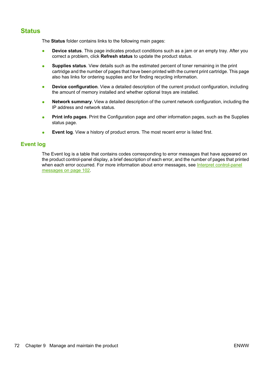 Status, Event log | HP LaserJet P2055dn User Manual | Page 84 / 176