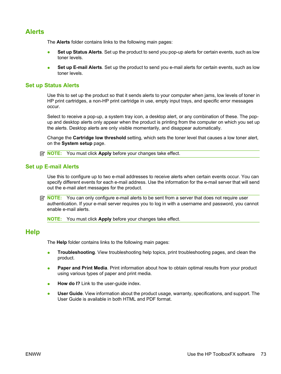 Alerts, Set up status alerts, Set up e-mail alerts | Help, Set up status alerts set up e-mail alerts | HP LaserJet P2055dn User Manual | Page 85 / 176